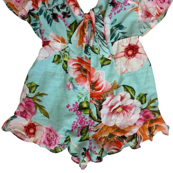 Tropical Floral Print Plunge Neck Romper Medium Flutter Ruffle Summer Resortwear - Picture 7 of 16